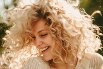 Fototapeta premium A woman with lively, curly blond hair joyfully laughs, surrounded by a soft, sunlit outdoor environment, conveying pure happiness.