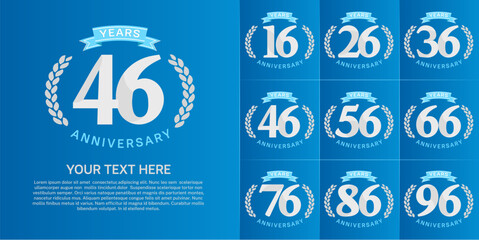 anniversary logotype set vector, white color and blue ribbon for special day celebration