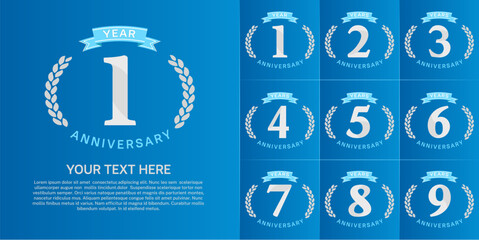 anniversary logotype set vector, white color and blue ribbon for special day celebration