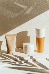 Naklejka premium several skincare tubes casting long shadows on a white surface, with soft and diffused lighting