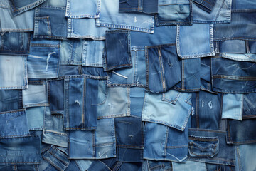 A patchwork of various shades of blue denim squares creates a textured and artistic collage of different jeans.