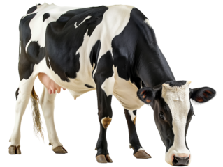 Grazing cow eating grass isolated on white or transparent background, png clipart, design element. Easy to place on any other background.