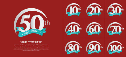 anniversary logotype set vector, silver color with green ribbon for special day celebration