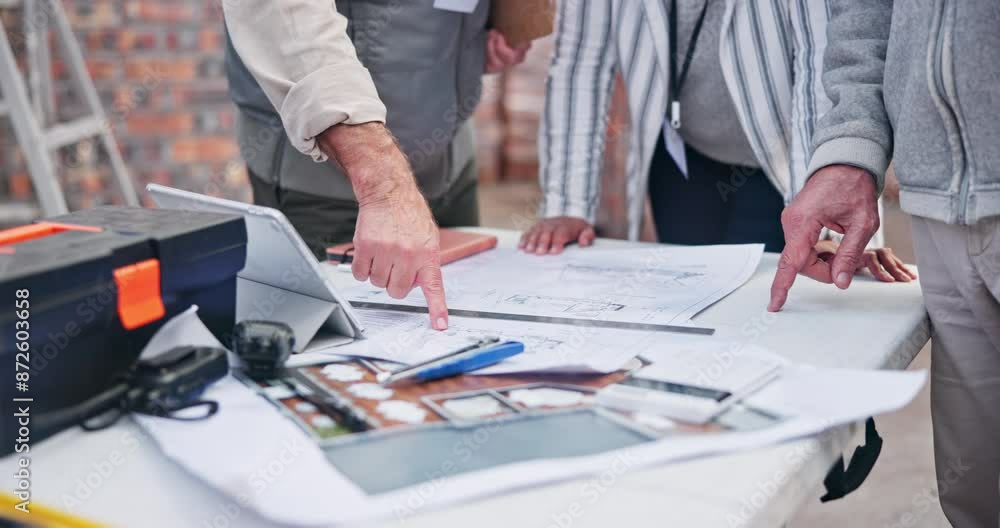 Aufkleber architecture, hands and planning with blueprint in building construction for creative, teamwork and 