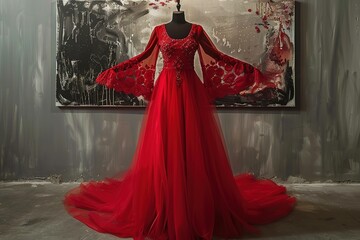Red evening dress with beautiful laces and floral embroidery. Dummy in the red evening dress at fashion store.