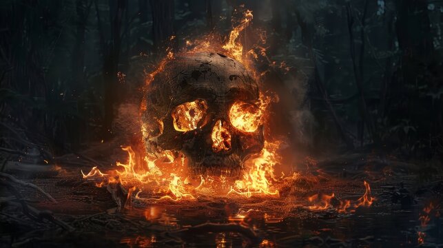 Digital art of a god's skull emerging from a ritual fire pit, engulfed in flames, shrouded in darkness and mystery