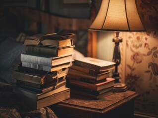 An avid reader's nightstand stacked with books, dim bedside lamp, cozy bedroom, a few books open, creating a sense of passion and dedication to reading 