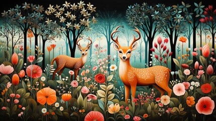 Naklejka premium Playful woodland scene with animals like deer, fox, and birds, surrounded by colorful flowers and leaves