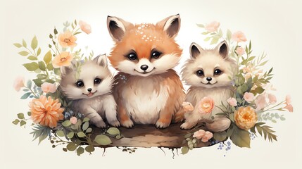 Adorable woodland animals in a floral wreath, with flowers, leaves, and whimsical forest fauna