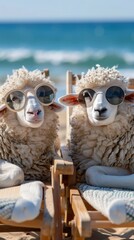 Two funny and glamorous sheep with curly white wool, wearing sunglasses, relaxing in a sun lounger...