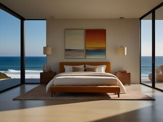 Modern bedroom interior design with large windows and a comfortable bed.
