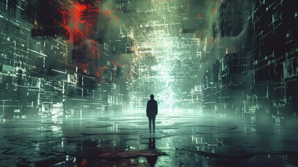 Enormous figure standing on a layered floor, surrounded by digital art elements that emphasize his grand scale