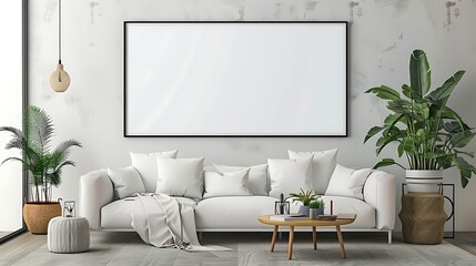 Empty mock-up poster in modern living room, contemporary, interior design, minimalist