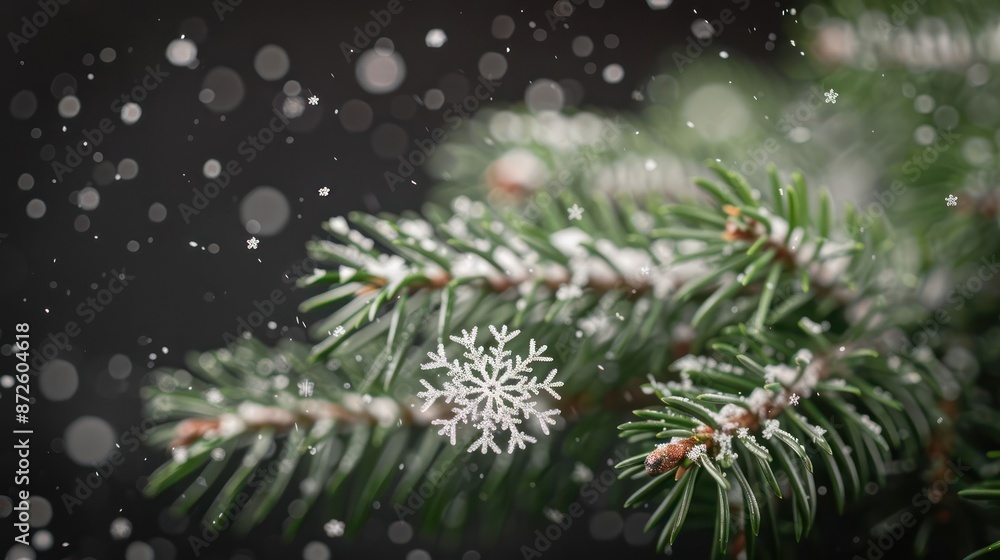 Poster a snowflake is on a tree branch covered in snow