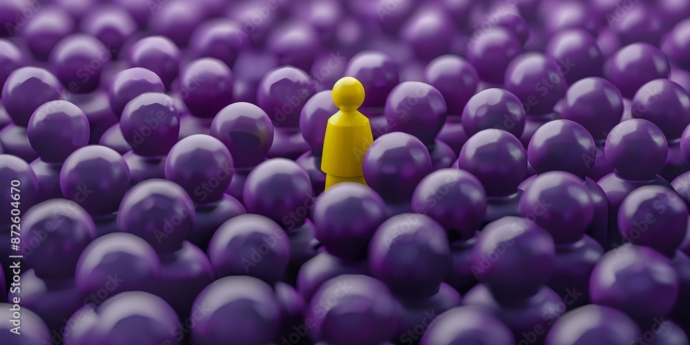Poster searching for one yellow character in a sea of purple characters with a hiring backdrop. concept col