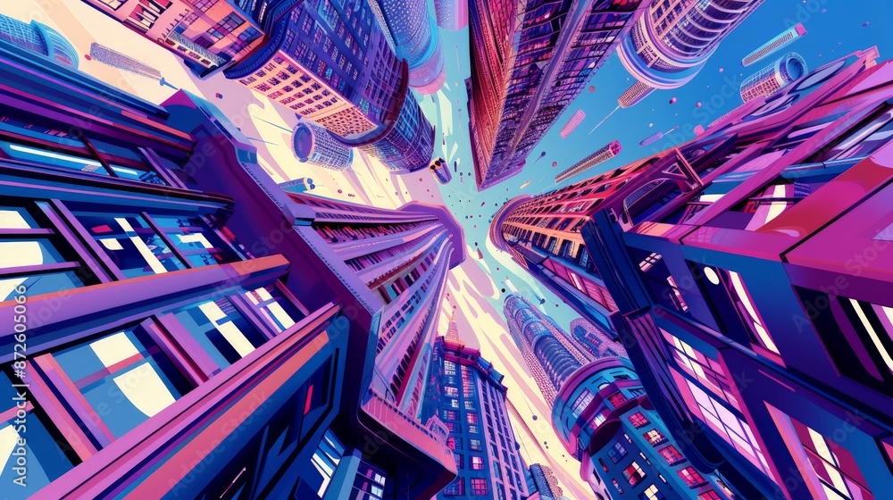 Poster design an abstract psychedelic cityscape with buildings that twist and bend, streets that spiral int