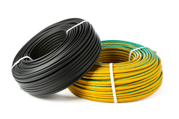 Yellow And Black Electrical Wire Spools Isolated On White Background