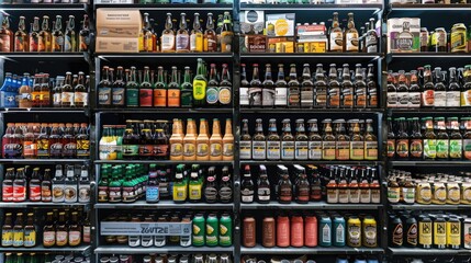 A row of beer bottles on a shelf. Generate AI