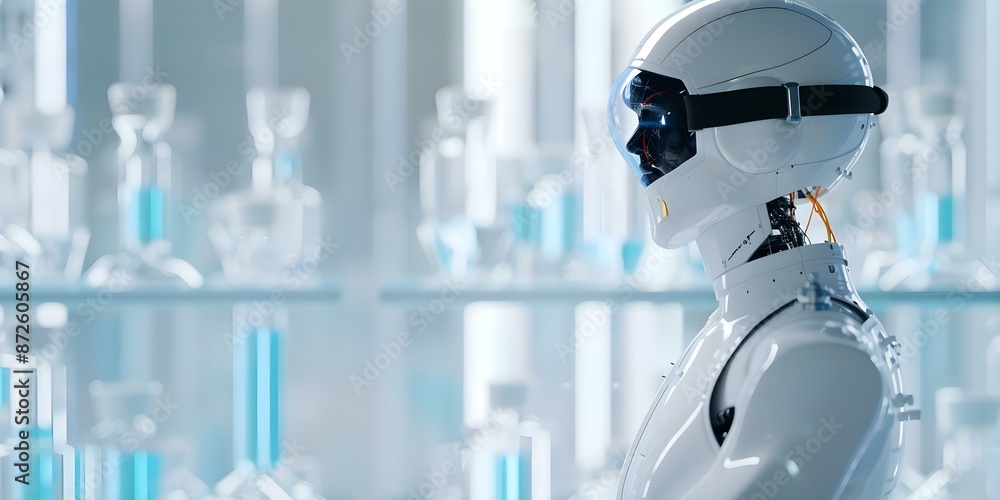 Poster robot studying specimens in hightech lab for innovative scientific research 3d rendering. concept ro
