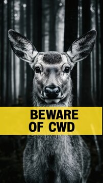 Modern poster with chronical wasting disease theme. Grungy deer portrait and text "beware of cwd". Zombie deer ilness.