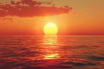 Obraz premium Breathtaking 3D Rendering of a Romantic Sunset Over the Ocean with Red Sky and Orange Light Reflecting on Water, Creating a Warm and Serene Atmosphere