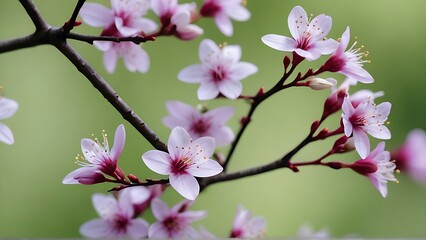 Obraz premium Close-up of a branch with pink cherry blossoms against a blurred green background. The flowers are in full bloom, featuring delicate pink petals and red centers.