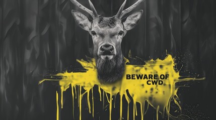 Modern poster with chronical wasting disease theme. Grungy deer portrait and text "beware of cwd". Zombie deer ilness.