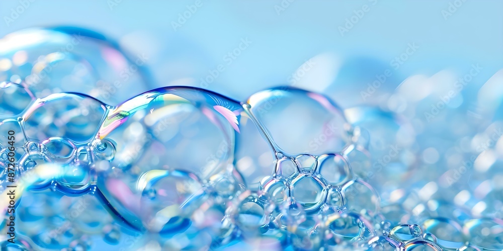 Poster close-up image of bubble wand making a big iridescent bubble in soapy solution. concept macro photog