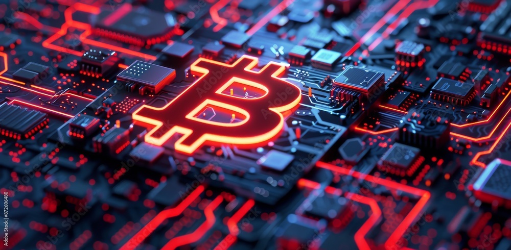 Poster closeup of a bitcoin symbol illuminated on a circuit board