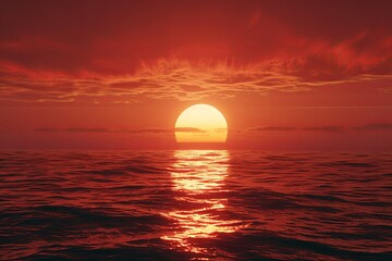 Obraz premium Breathtaking 3D Rendering of a Romantic Sunset Over the Ocean with Red Sky and Orange Light Reflecting on Water, Creating a Warm and Serene Atmosphere