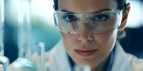 A woman in a lab coat and goggles conducts experiments in a research lab. Concept Scientist, Research Lab, Experiments, Lab Coat, Goggles