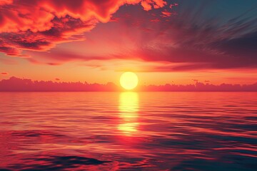 Breathtaking 3D Rendering of a Romantic Sunset Over the Ocean with Red Sky and Orange Light Reflecting on Water, Creating a Warm and Serene Atmosphere