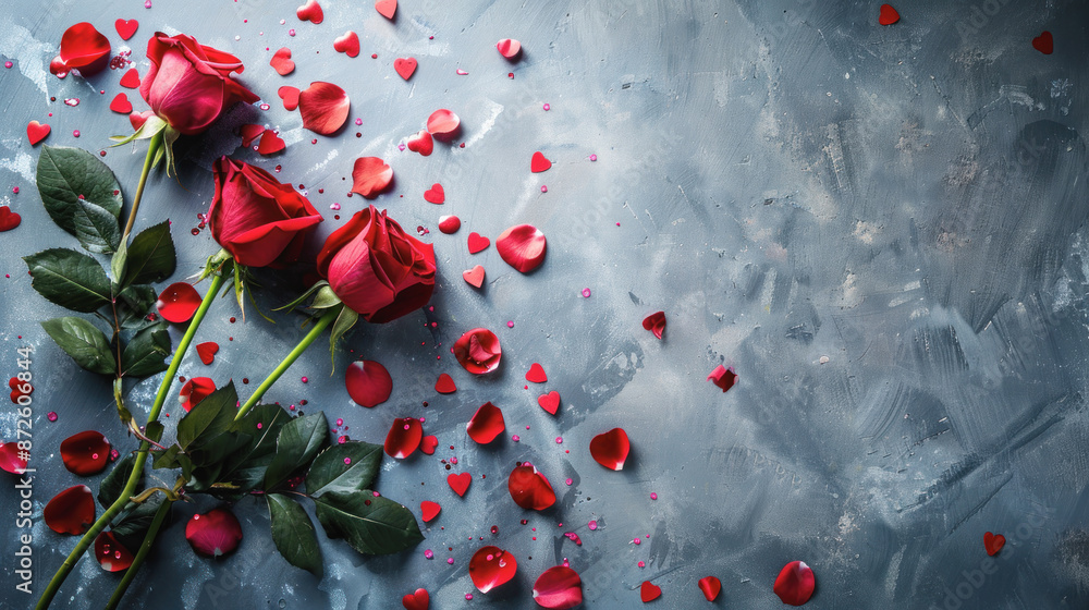 Poster a bouquet of red roses is placed on a grey background with red petals scattered around. the roses ar