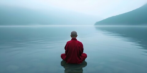 Fototapeta premium Serene and tranquil scene of a Tibetan monk meditating near water by misty mountains. Concept Meditation, Tibetan Monk, Serenity, Misty Mountains, Tranquil Scene