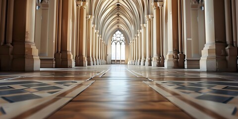 Obraz premium Discovering the beauty of a gothic cathedral with detailed wooden floors and elaborate stone columns. Concept Gothic Architecture, Cathedral Details, Wooden Floors, Stone Columns, Elaborate Design