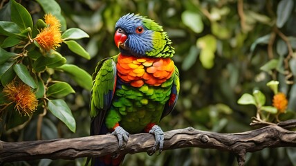 A Rainbow Lorikeet is perched on a tree branch with lots of green leaves, contrasting with the color of its wings