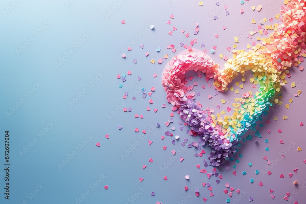 Poster a colorful heart made of paper is surrounded by a pile of colorful confetti. the heart is made up of