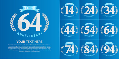 anniversary logotype set vector, white color and blue ribbon for special day celebration