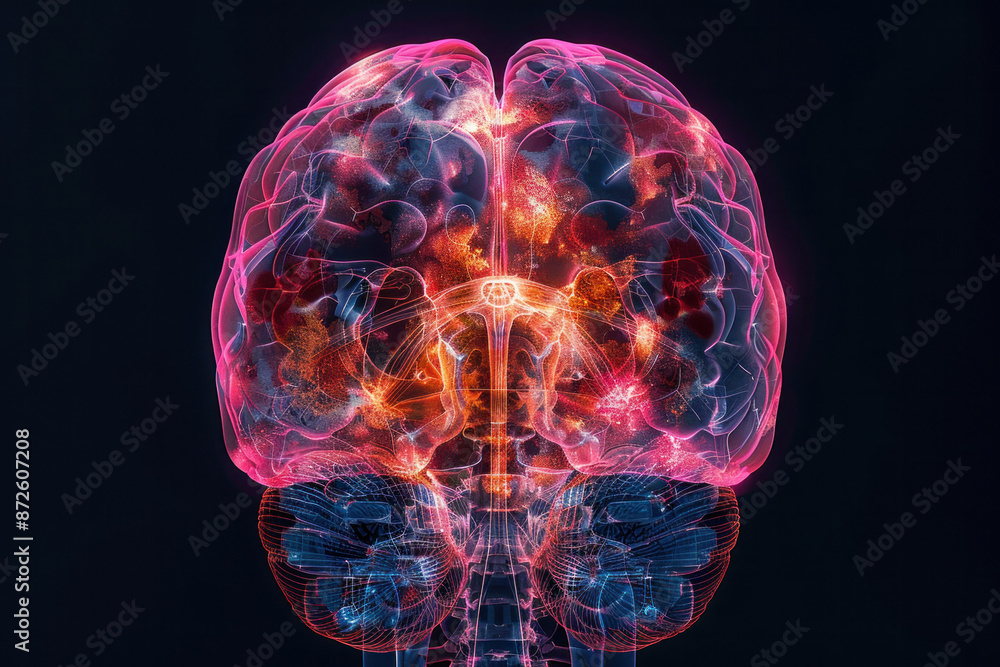 Poster a brain with a red and orange glow surrounding it. the brain is surrounded by a network of wires and