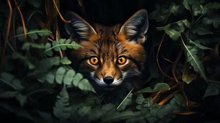 Fox hiding behind jungle leaves with glowing green eyes, in a dark, mysterious forest