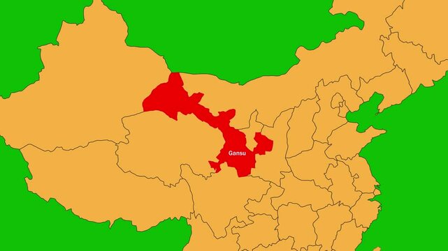 Gansu map animated video. Gansu location is highlighted on the China map colour with Green srcreen background in video format.