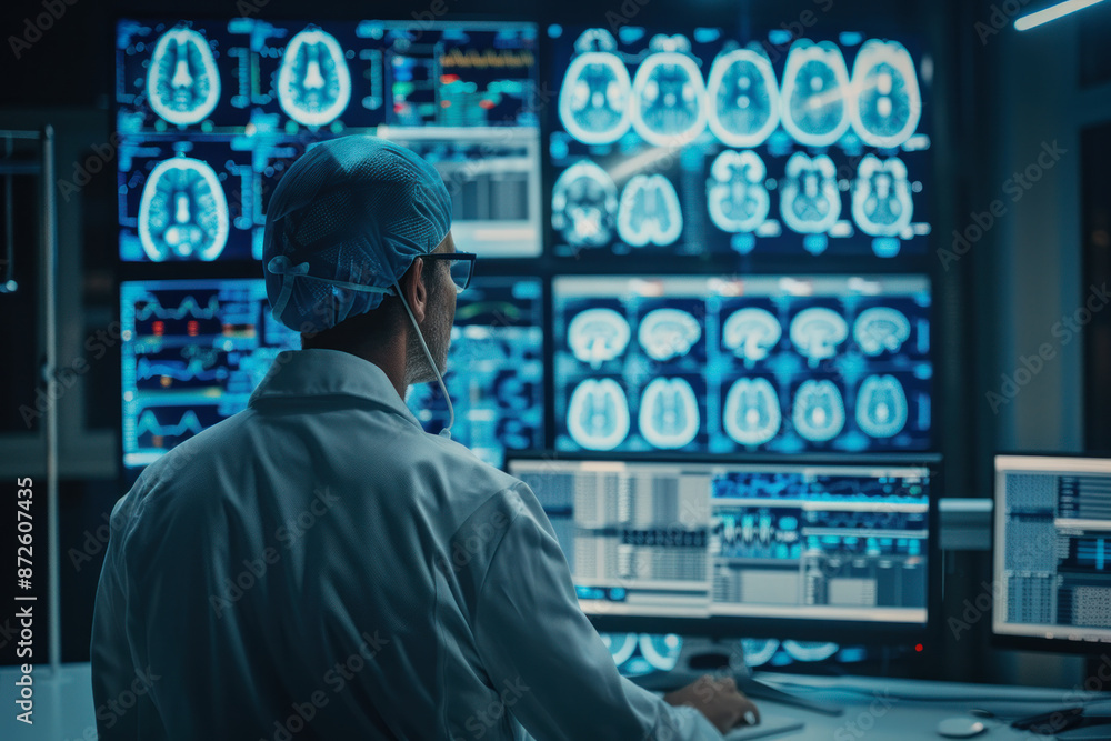 Poster a man in a white lab coat is looking at a computer monitor displaying multiple brain scans. concept 