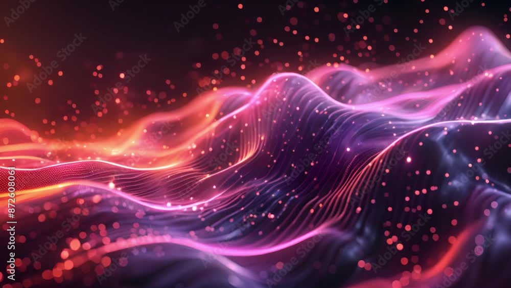Poster this image features abstract wavy lines with glowing particles. the colors are mainly purple and pin