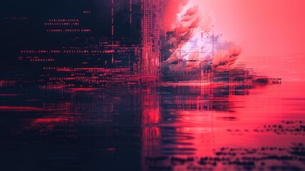 Abstract art of binary code and digital waves in vibrant colorful color. Digital art of coding engineering prompt or programing software with neon color. Data and technology concept for poster. AIG53F