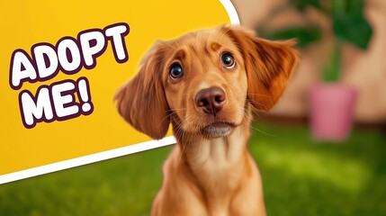 Sad puppy with text: "ADOPT ME!" on bright yellow background, pets adoption poster.