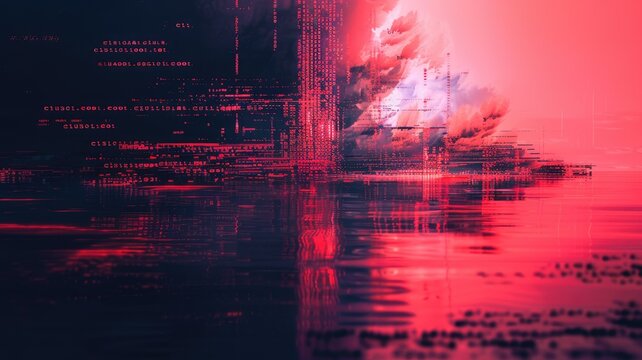 Abstract art of binary code and digital waves in vibrant colorful color. Digital art of coding engineering prompt or programing software with neon color. Data and technology concept for poster. AIG53F