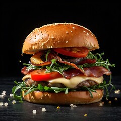 Delicious burger with many ingredients isolated on,Tasty cheeseburger with splash sauce.