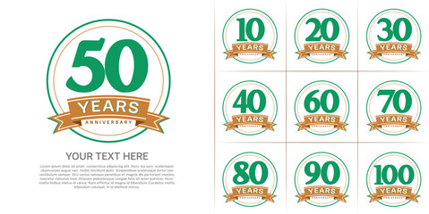 anniversary logotype set vector, green color with circle and brown ribbon for special day celebration