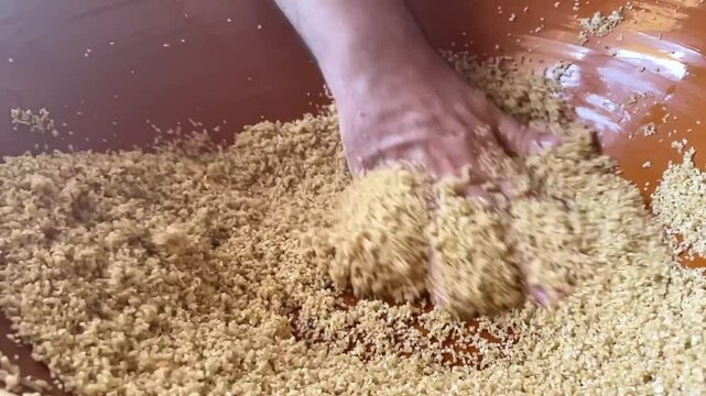 slow motion chef making couscous traditional North African dish from semolina durum wheat sprinkled with water and rolled with the hands to form small pellets