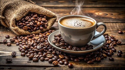 A steaming cup of freshly brewed coffee surrounded by roasted coffee beans on a rustic wooden table with a burlap sack in the background.